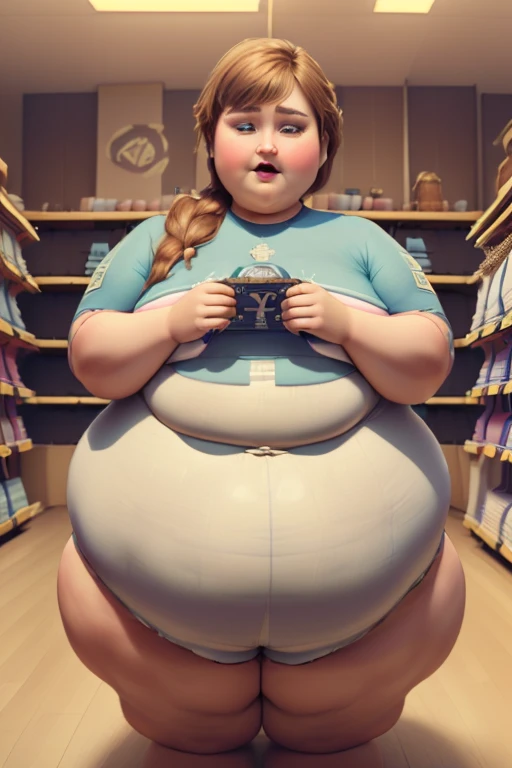 A very obese and fat woman, her weight is 500 kg. She is the fattest Asian woman in history. She has white skin, black hair and yellow eyes. She is morbidly and chronically obese. She has a huge belly and her body is very big and fat. She is wearing a bunny suit that shows off her fat and her belly appears to be getting bigger. She is in an arcade playing video games.