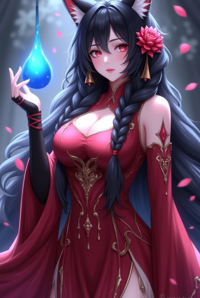 ((best quality)), ((masterpiece)), (detailed), 1girl, off-shoulder red sweater, magic, green clover earings, half fire half ice, purple cold eyes, long wavy black hair, powerful master, average 