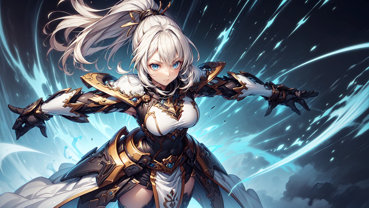 (((Best resolution, Textured skin, high quality, Precise CG unification, game CG))), (Solo), white armor, Fighting, Are standing, dark green medium hair, dynamic angle, sacred, holy knight, (action pose: 1.4), angel wings,
