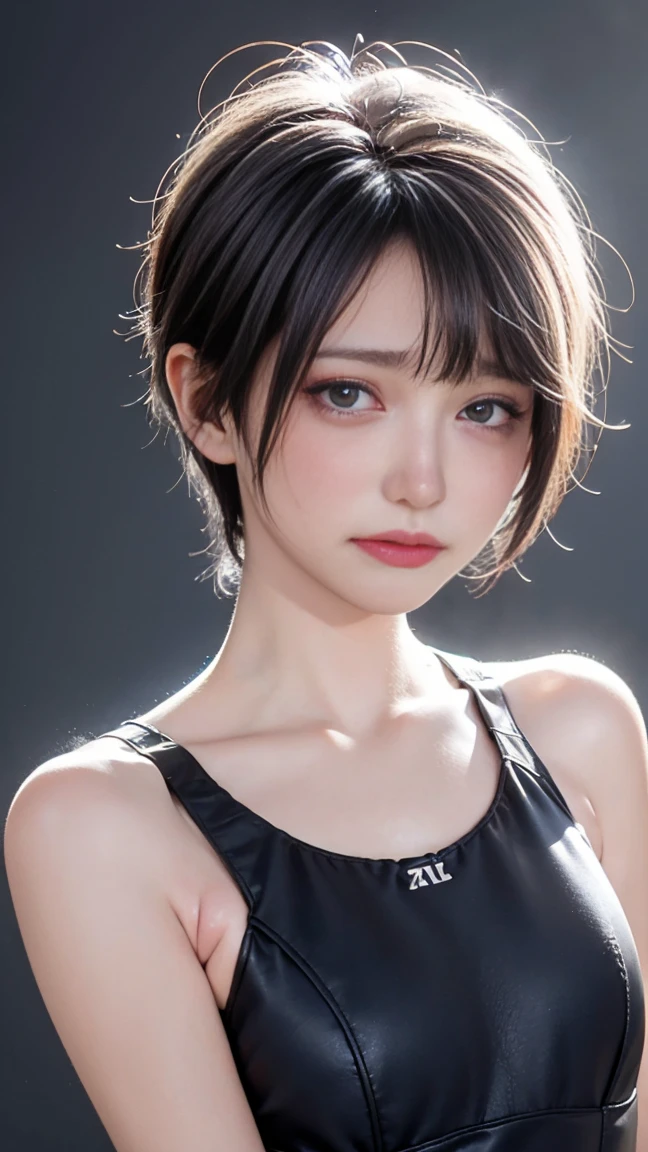 1girs, Black hair, Short hair, Shiny hair, longeyelashes, crystal earrings, earrings, Verism, Cinematic lighting, Fujicolor, Tachi-e, Cropped, One-person viewpoint, NIKON, 135 mm, F/1.8, 8K, 4K, hard disk, 1080p, hight resolution, Best Quality, awardwinning, High quality, high details, Super Detail, Textured skin, Anatomically correct, ccurate, masutepiece, retinas, nffsw,White thin tank top、White Thin Bodycon