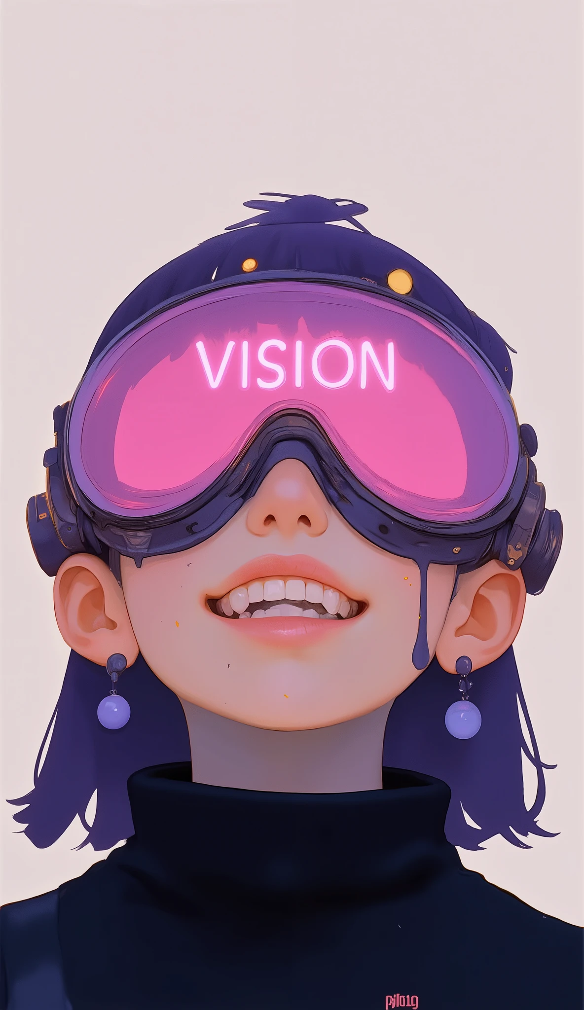 画像teeth人の芸術的なイラストをクローズアップしたものですface, teeth、主にhigh techゴーグルで隠されてしまう上部に焦点を当てています。. ゴーグルteethフレームの大部分を占めます, With the word "vision" Bold, pink letters. ゴーグルの反射面teethなめらかな, Futuristic Design, teeth仮想現実や拡張現実のテーマを示唆しています. through a transparent visor, There is a barcode and text just below. 背景teeth平原です, light gray, The subject stands out more. high tech, pink letters, Vivid blue, 。集中力や真剣さを伝えるにteeth. Above the image, exude futuristic simplicity "G3 Q58 + MULO · 2023," personal eyes are visible, Modern Atmosphere. goggles take up most of the frame、minimalistic colors and clean composition。.