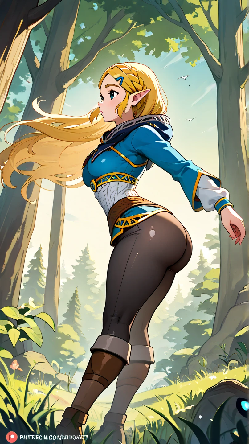 masterpiece, best_quality, 1girl, solo, princess zelda, nintendo, the legend of zelda, botw, black pants, huge breasts, tight clothing, (cameltoe), blushing, posing in the woods,