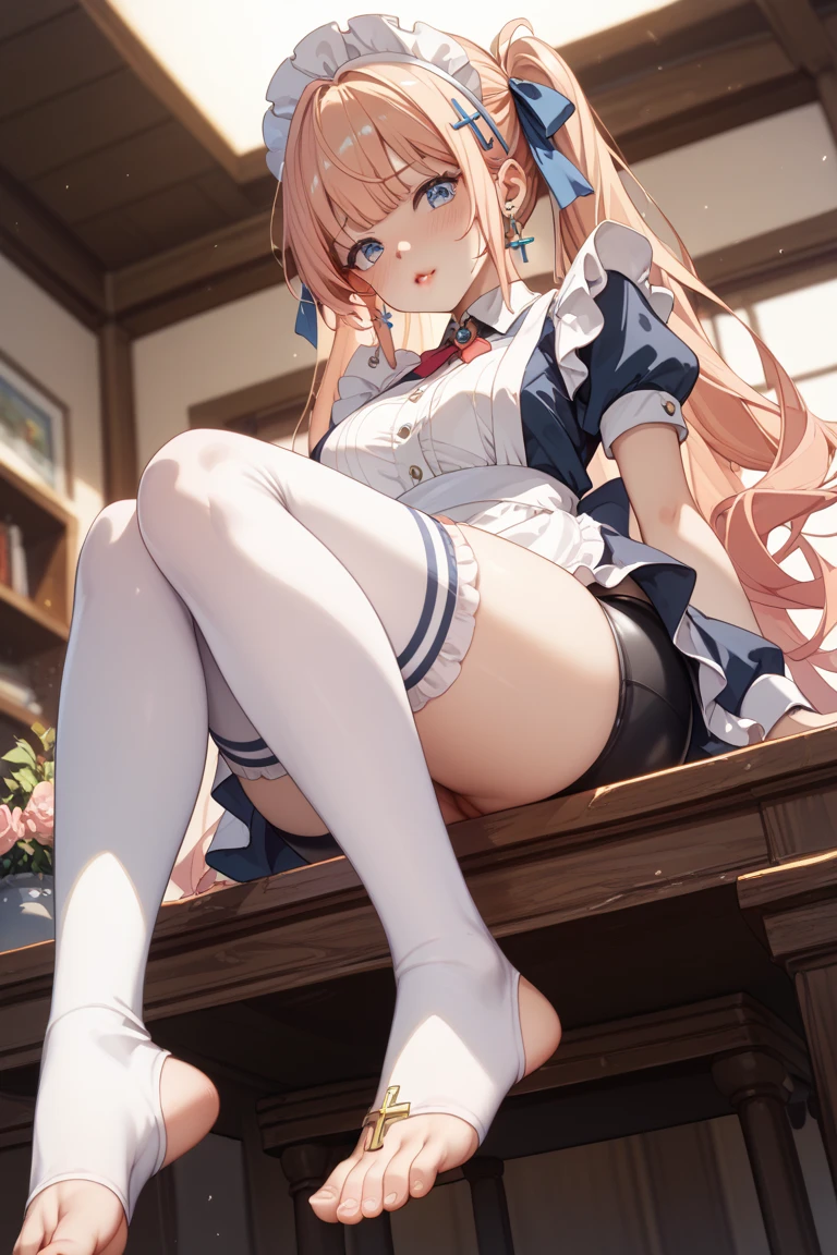 Food Wars Erina Nakiri ,Hyperrealistisches 1Girl Hochdetailliertes Gesicht, Niedliches Gesicht 4K ,lila Haare, Black Lence stockings Legs and feet auf dem Bett sitzend