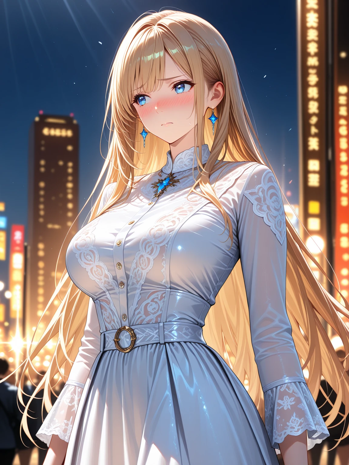 masterpiece, high quality, 4K, Beautiful design, silhouette，blonde， 非常に詳細な夜のStarry Sky,Flower Field， wonderful, Finer details,  Very knowledgeable woman, Highly detailed solo, 1 female,Big Breasts，dress，Night view，Starry Sky，full moon，