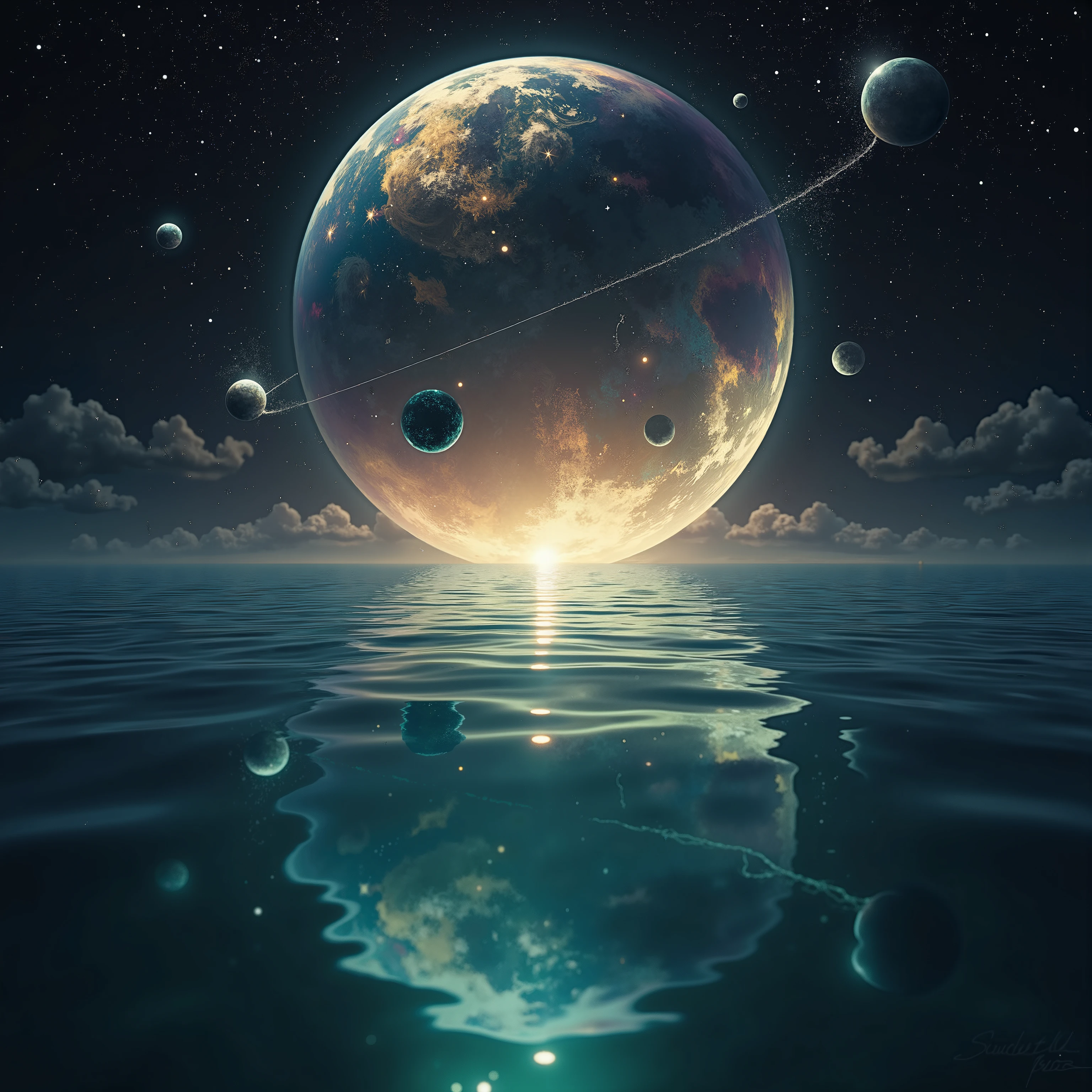 A large expanse of water in space, with images of beautiful reflected in it.rearistic,wave water,ultra clear colors , Mystical and fantastical, various colors,gradation