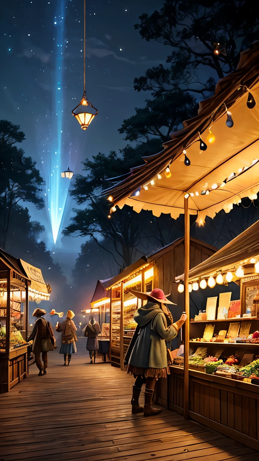 A whimsical fantasy night market hidden deep within an enchanted forest. Colorful tents and wooden stalls line a winding cobblestone path surrounded by ancient glowing trees with bioluminescent leaves. Floating lanterns hover in the air, casting vibrant hues of blue, pink, and gold across the scene. Magical creatures—fairies, elves, goblins, and catfolk—bustle through the crowd, trading rare potions, glowing crystals, enchanted books, and exotic foods that shimmer with magical energy.
In the center of the market, a clever goblin merchant with round glasses and a crooked hat is showing off a glowing hourglass that can freeze time. He stands behind a wooden stall overflowing with mystical gadgets and enchanted trinkets. Across from him, a mysterious hooded traveler reaches out to inspect the hourglass, while shadows around the traveler subtly take the form of snakes.
Above the market, glowing runes hover in the air, and soft musical notes float from an elven bard playing a harp beside a tree stump stage. The entire scene radiates warmth, wonder, and magical curiosity, with dynamic lighting, glowing accents, foggy night ambience, and rich, layered details in every corner.