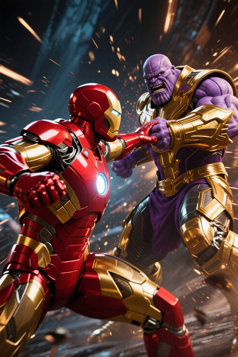 iron vs thanos in avengers war, picture of iron on the left in the ring punching thanos in the face, giving a light beam signal when his ear touches thanos' face, in the ring, boxing ring, many people chant, characteristics thanos style, thanos,infinity stone, from avengers: endgame (2019), 4k wallpaper, epic video game art, medium close-up (mcu), by Mario Dubsky, by Gavin Nolan, wearing armor thanos, intricate battle pose, 8k