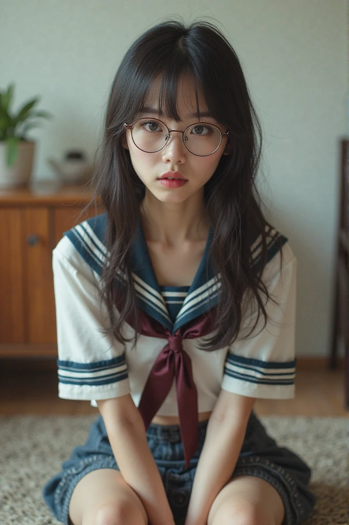 Ulsan-6500-V1.1,(RAW Photos:1.2), (Realistic:1.4), Random Pause,Beautiful girl with great care, Very detailedな目と顔, Finely beautiful eyes, absurdes, Unbelievably ridiculous, Large file size, Very detailedな, High resolution, Very detailed,Highest quality,masterpiece,((Japanese Girls' High School Uniform)),Awareness-raising,Very detailed,CG,Unified,8k wallpaper,Great cleavage,finely,masterpiece,Highest quality,Very detailed的 CG Unified 8k wallpaper,Face Light,Cinema Lighting, 1 girl, 28 years old,(Wear glasses),(((Dynamic pose))),(naked lower body),((pantyhose)),((Sit with your legs apart)),(With open arms)(naked).Cute Freckles.Mole under left eye,