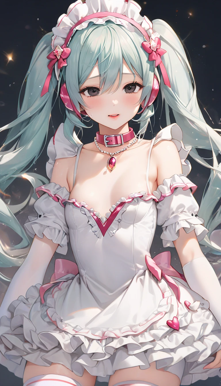(anime-style cute face)、Hatsune Miku,Highest quality, ((Sharp details)), (8k, RAW Photos, Highest quality, masterpiece), (looking at the camera),Cute Smile、Very big eyes、anatomically correct body、Big thighs、Muscular woman、The face is bright、Professional Lighting、Cute little breasts、Emphasis on the chest、See-through、unique and intricate cosplay outfit inspired by a fusion of traditional Chinese elements and modern gothic Lolita fashion, (pink satin fabric one-piece dress, A-line, greek key patterns on skirt hem), qipao-inspired neckline with pink trim, including lace and ribbon details, (long sleeve, flared bell sleeves), layered skirt with white ruffles edged in pink, voluminous and playful silhouette, ensemble is completed with pink garters, fishnet stockings, and chunky platform shoes with multiple straps, twin hair buns adorned with black and pink ribbons and a face-covering charm that adds a mysterious touch,