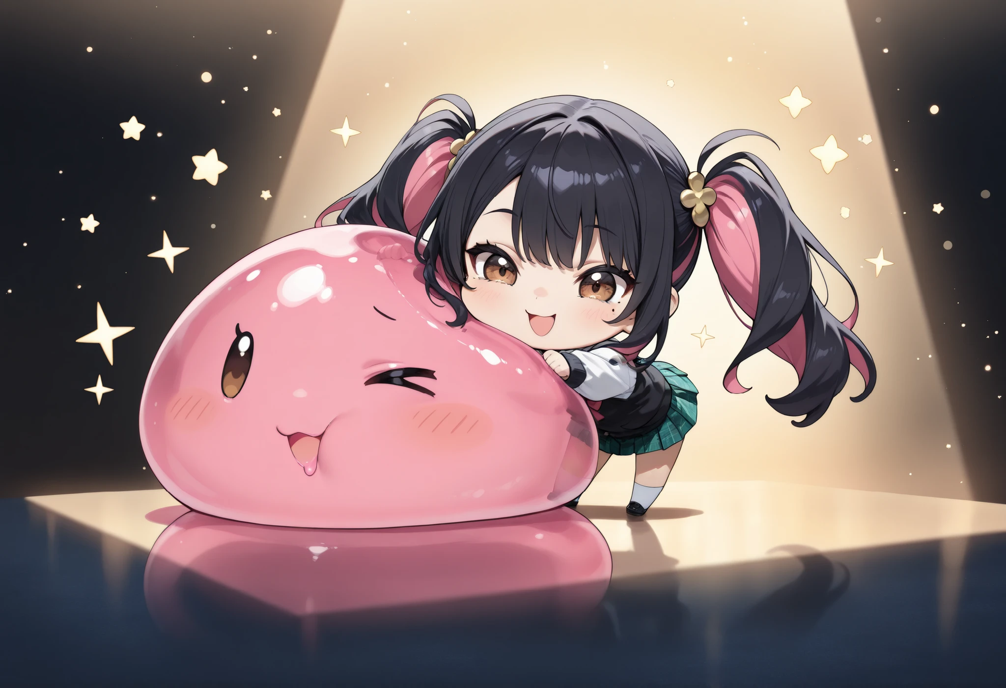 cute slime face, ((goo-punch slime, flying star effect)), 1 girl, Minami Yoshikawa, black hair with pink inner color hair, twin tails, asymmetrical hair, brown eyes, mole under the eye, slight build,  laugh, hit, stick out your fist, スライムをhit:1.4, Sparkling Background, flowing star background, simple background, official art, deformed, Chibi Kawaii, fantasy art, 4K high image quality, Professional finish, Extreme Details, HDR, UHD, studio lighting, bokeh, Happy Atmosphere, (Highest Quality:1.2, 4K, 8k, very well detailed, Attention to Details, masterpiece:1.2, Best Aesthetics),