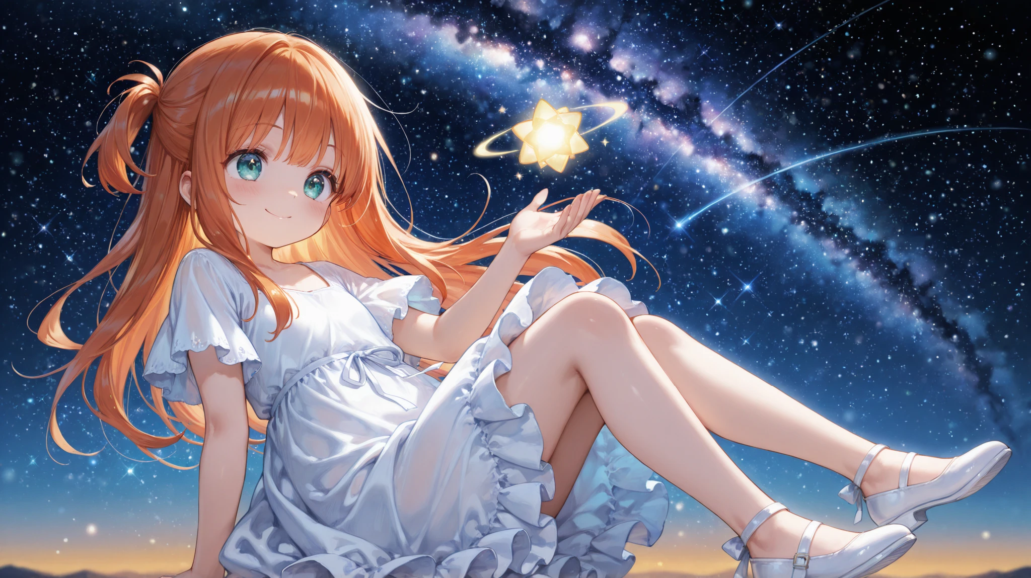girl,,is young,cute,orange hair half up,white dress,smile,full body,starry sky,fantastic,best quality