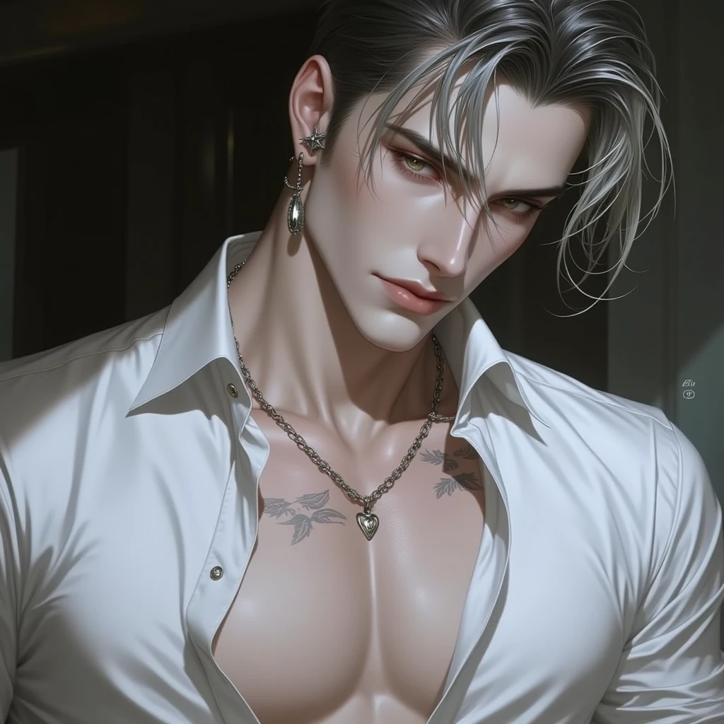 (1 person:1.9), human body shisuit, Hollow and shriveled, beautiful youth teen boy, undercut hair style, (Turn your head and look), (Look at the camera), (Head up), (high quality 16K anime), (tall body), Sweaty and sweaty, Powder blue vapor, Delicate skin, hermaphrodite, twink male body, (((Quiet smiled))), (Photorealism), masterpiece, best quality, portrait, Decent shirt, (Taiwanese super male
emo idol:1.5), (realistic beautiful Asian), close up and soft up to everything, (nice male body shape:1.1), spot light, (super pale skin:1.4), golden make up, sharp focus, detailed anatomy, ultra-wonderful face detail, (((((19 years old))))), white shirt, Hold a brush, with a ultra-cute face of a Japanese-Korean-Taiwanese young idol, (ultra-detailed eyes), (ultra-detailed skin), (super manly hair style), super wet juicy sexy soft lips, soft light, perfect yaoi face, photorealistic, (correct fingers), the light is very bright, hypermaximalist style: realistic, photorealism, photography, (A black cyber collar that tightens the neck:1.9), (Super strong male arms:1.9), (Extremely stout physique:1.9), (A strong male body is merging with him:1.9), ((((((ultra huge breasts)))))), single ponytail, (Beautiful face:1.9), (((wearing a wet white and yellow shirt))), (extremely detailed face:1.9), Placed in the center of the temple), Traceless, Perspectiveal, Sparkle, (30% male head, 70% female head), (fusioned with a plump erotic body), the light is very bright, perfect hands, fox spirit in the body, fox mind controls this body, fox soul in this body, A seductive smile, Slender eyebrows, huge arms,Fusion with Kitagawa Keiko,((Hazy)),(Men pretend to be women), ulzzang hair style, Feminine heavy makeup