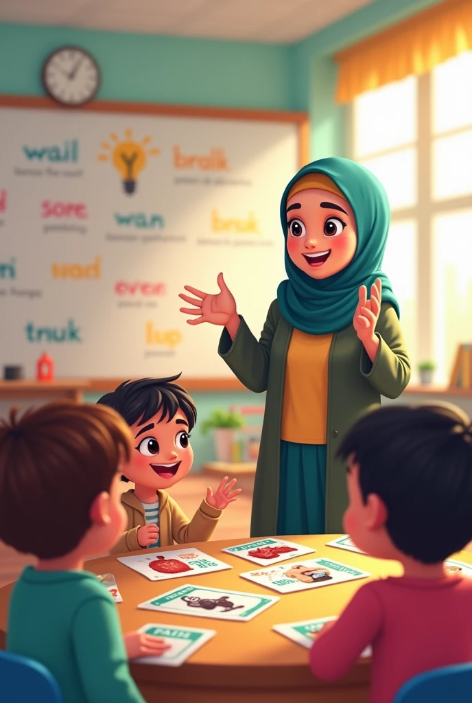 Muslim girl, 10 years old. She wears an decorated hijab. A beautiful face stands in the classroom and points with her finger on the white board and appears to be writing these letters: “Today we will learn what artificial intelligence is.”
