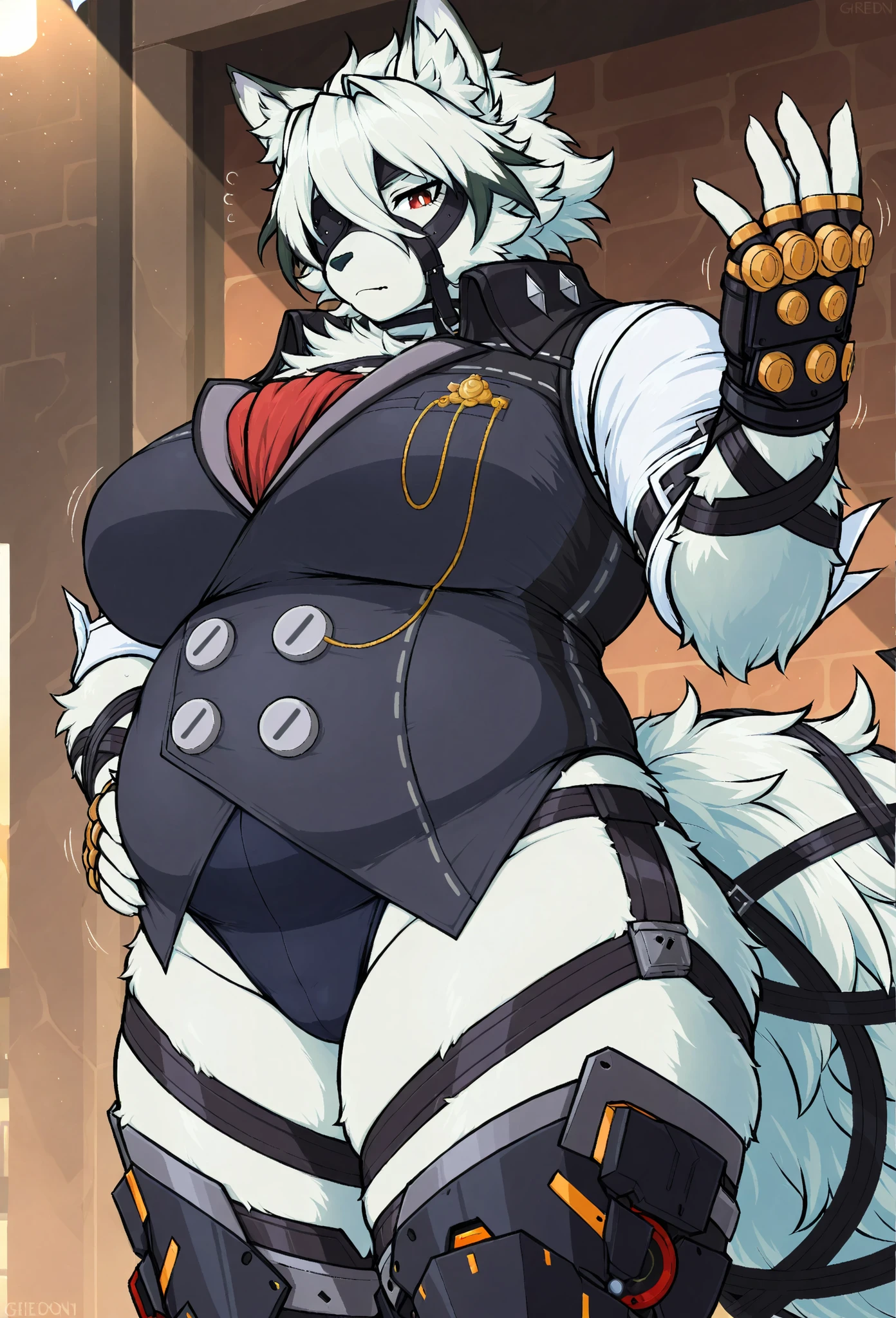 (top quality, best quality, by Iriedono, High-quality illustrations, masterpiece, perfect artwork, cinematic light and shading, 16k, 1080p, uploaded on e621)(kemono, furry, anthro, alone), 1 larger female, (very detailed body, face, tail, arms, hands, legs, head and eyes), wolf, Von Lycaon, (Zenless Zone Zero), big belly, big breasts, fat body, fur, fluffy, wolf ears, wolf fluffy tail, wolf long hair, having a prosthetic legs, perfect eyes, wearing a eye patch, red eyes, black pupils, beautiful butler one-piece swimsuit, body movement, body twitching, jiggle physics, beautiful chubby, cute, by greenendorf