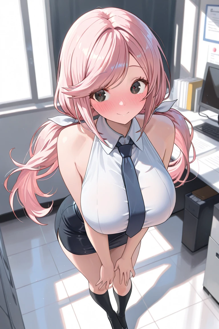 (Masterpiece, BestQuality:1.3), (ultra detailed:1.2), (hyperrealistic:1.3), (RAW photo:1.2), High detail RAW color photo, professional photograph, (Photorealistic:1.4), (realistic:1.4), (Pink Hair:1.5), professional lighting, perfect anatomy, (Big Breasts:1.2), (blush, detailed face), (cheerful Smile:1.5), Trending Hair&Trending Hairカラーをランダムに, earrings, necklace, bracelet, sexly, erotic sexly, Random sexy gravure poses, (A woman in sexy office outfit、She sits at her office desk with her legs spread and her dress lifted to show off her underwear with camel toe, thick thighs。: 1.3)