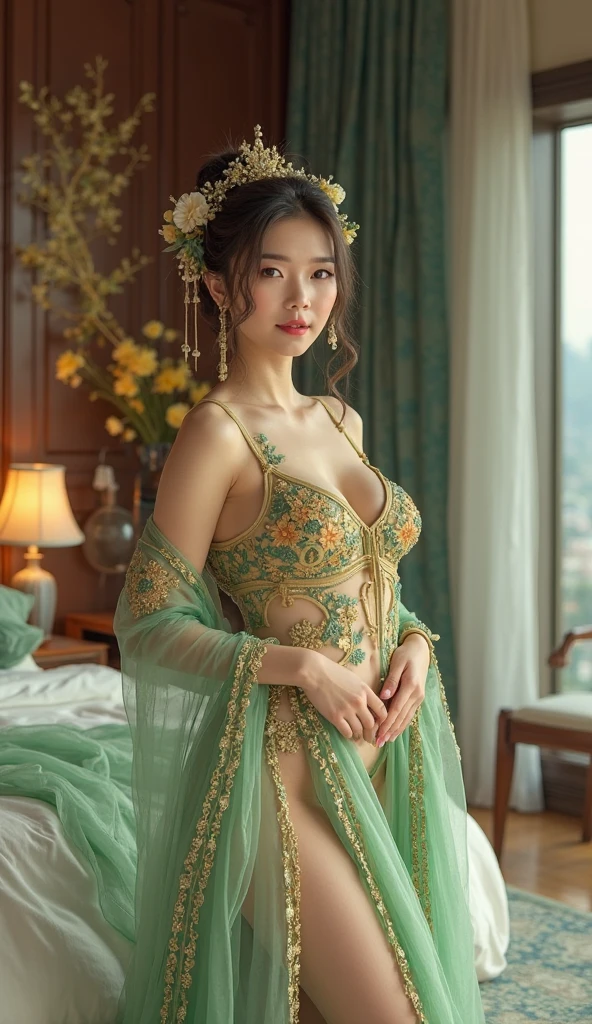 Note that the screen is horizontal,Full body close-up lying on carpet，long black curly hair，Highlight the unique style of West Asian beauties，Have plump curves and slender waist。White skin，Sexy and elegant figure,show gorgeous appearance，Bloom your charm。The big eyes reveal a clear and bright look，Excellent picture quality，Wearing traditional clothing with green gauze，Demonstrate a unique visual style。princess of west Asia,Full of gorgeous jewelry,Wear a veil.Be careful not to cut the top of your head,Keep the header intact