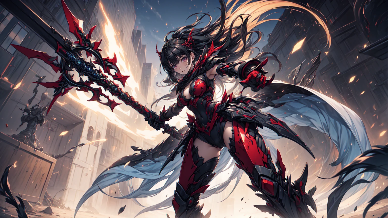 Beautiful woman with long black hair, dark skin, red eyes, black armor,cleavage,Iron skirt,Bare Legs,iron boots,((best quality)), ((masterpiece)), (detailed:1.4), Anime style,Wield a giant axe,City