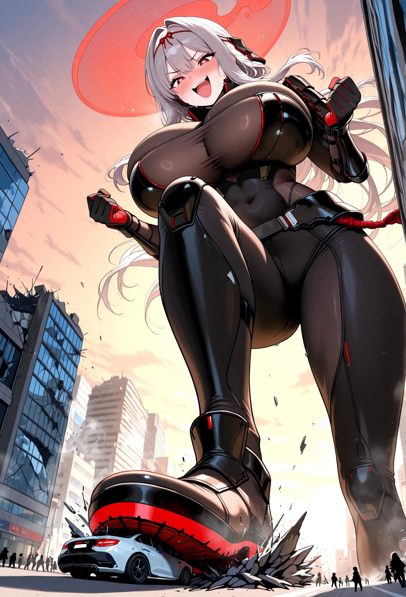 A seductive giantess in a tight red bodysuit, with long silver hair and glowing blue eyes, lounges sensually in a futuristic landscape. Her massive body crushes advanced technology and sleek buildings beneath her, her legs crossed provocatively as she gazes down at the tiny humans with a look of amusement. Her voice is a sultry purr, filled with teasing mockery. Giantess, Goddess, sexy legs, bodysuit, hot, curvy body, mommy issues, tiny people, macrophilia, perspective from below, high quality, almost naked, mature woman, futuristic, erotic.