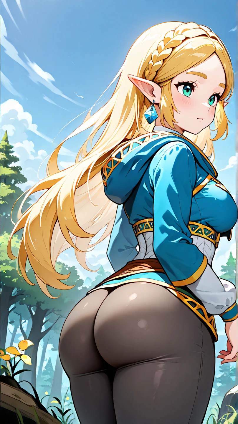 "An exquisite masterpiece with the best quality showcasing Princess Zelda from The Legend of Zelda: Breath of the Wild. Solo portrait of 1girl with black pants and a generously proportioned chest. Nintendo-inspired brilliance, the setting is in a bright forest, shot from behind."