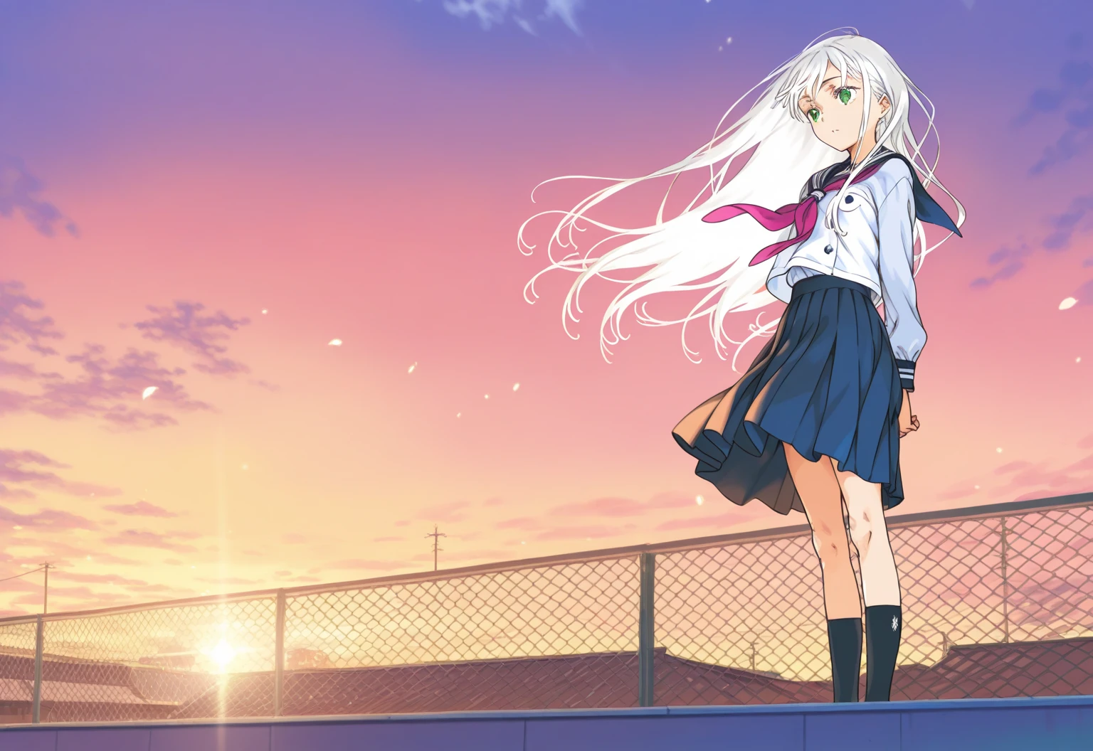 CG, unity, 8k, wallpaper, highest quality, masterpiece, lovely woman, Rear view looking up at the sky, (sad expression: 1.1), 18-year-old, white hair, white skin, BREAK, white blouse, BREAK, dark red skirt, (pantyhose:1.3), (Realistic:1.2), best lighting, complex pupils, complex textile, detailed background, On a hill with no artificial buildings, (there is no building), Spectacular starry sky with the Milky Way visible, nebula, night, Effect of dancing petals, A picture that looks like a movie advertisement