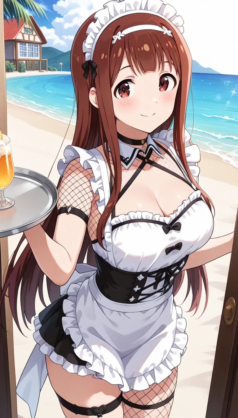 1 woman, solo, full body, standing, cafe, long hair, breasts, looking at viewer, smiling, large breasts, black hair, strappy sandals, bow tie, belly button, holding, cleavage, swimsuit, bikini, thighs, frills, food, bow tie, stomach, wrist cuffs, maid, maid headdress, single braid, detachable collar, side-tie bikini bottoms, black bikini, string bikini, plate, tray, frilled bikini, cake, holding tray, maid bikini