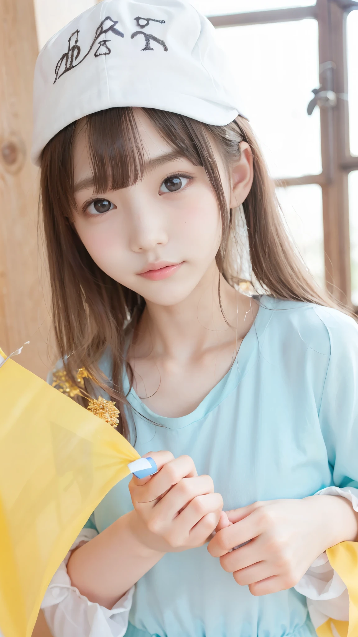 (young beautiful girl wearing a big cap)、 has a flag 、blond hair、Detailed hair like silk、(detailed hands:1.3、perfect right hand:1.3)、beautiful small face、High nose、Big pretty eyes、Lovely-shaped lips、red cheeks on the cheeks、slender body line、petite figure、 anime cosplay、(Perfect Anatomy)、Highest Quality、best quality、masterpiece