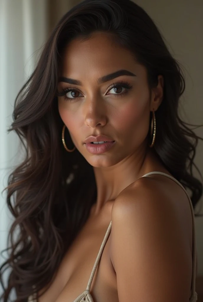 A naked adult woman with long, straight hair, exuding confidence and sophistication. The background features classic, ornate decor, with intricate molding and soft, neutral tones that complement her poised demeanor. The image captures a moment of calm and self-assurance, making it a striking representation of grace and modern elegance.