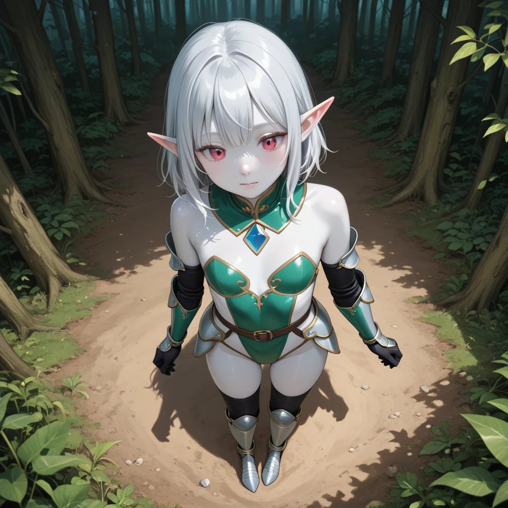 1boy, trap, wood elf, short spiky white hair, green eyes, full lips, confident smile, dark skin, flat chest, black latex bodysuit, crotch bulge, fantasy background, textured skin, UHD, UHD, UHD, UHD, award winning, high details, incredible high-key lighting and shadows, masterpiece, incredible illustration, forest background