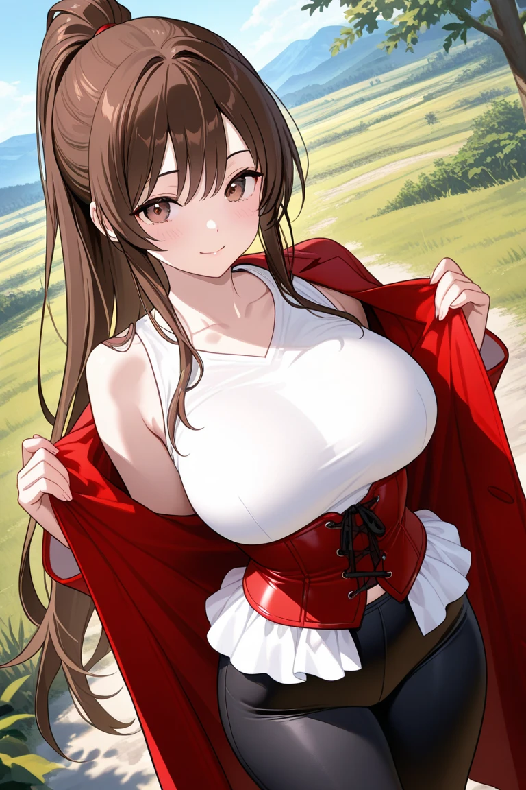 lisadef, upper body, smile, blush, outdoors, day, simple background, blue sky, short hair, sky, temple, looking at viewer, stairs, mountain, moody lighting, facing viewer, big breasts, shining breasts, cleavage, red lace bra, red lace lingerie, upper body, no hat, no cloth,