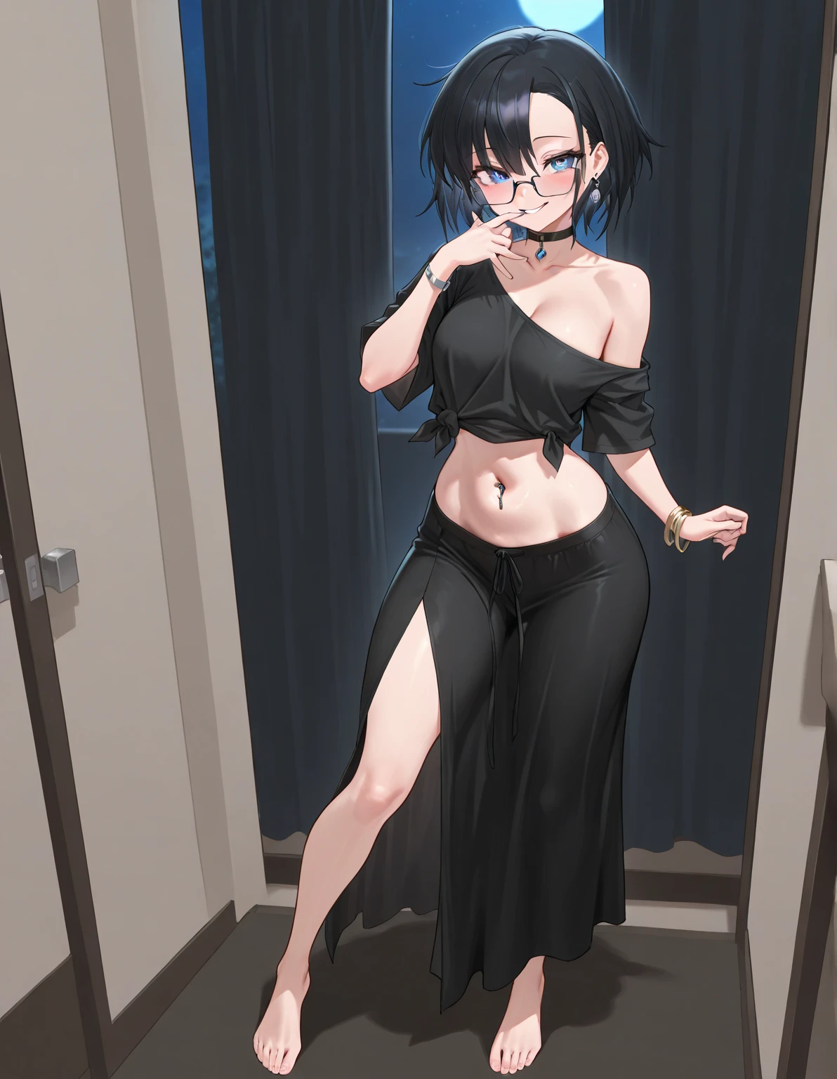 Draw a person larger, Emphasize the chest, Big Breasts, Completely naked, Raise your arms, Show your armpits, Crouching, With legs apart, Completely naked, Long bangs, girl glaring, 16 years old, Big Breasts, Black Hair pigtails, pattsu, Black Hair, Worry, Glasses, Chubby, Red cheeks,