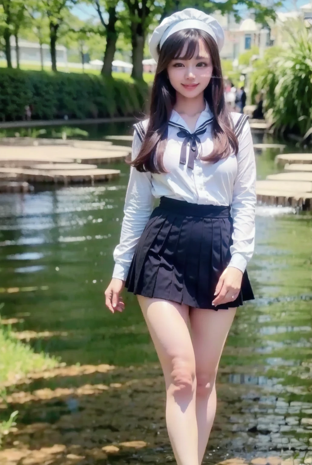 1 young girl,very cute and beautiful japanese teen actress,highly detailed beautiful face,twin braid,
white campisole,looking at viewer,smile,happy,stylish pose,pleated navy blue mini skirt,solo,
countryside,hilltop,grassland,distant ocean background,beautiful summer sky,real person,photorealistic,8k,raw photo,