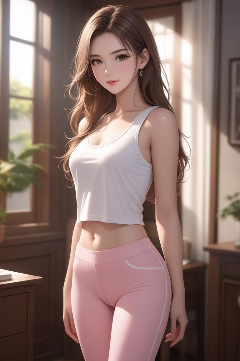Realistic and beautiful faces,thigh gap,The pubic port is raised, Slim,Tall guy,Young woman, 18 years, Realistis,Wear ultra-thin underwear,In the process of dressing,Wear gold-gray leggings and tight belly pockets, Slim-fit stretch pants,Slim,Tall guy,Hair is faintly visible,Translucent skinny shirt tied around waist, Finely qualitative eyes, Turn around the muscles, on a farm, celeiro, sexyposture,best qualityer, tmasterpiece, high-heels