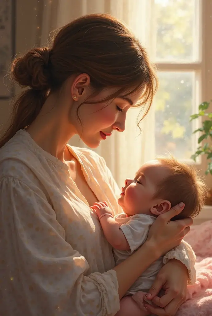 A tall girl with medium-long wavy brown hair and light brown eyes with a baby in her arms looking at her with lots of love and affection