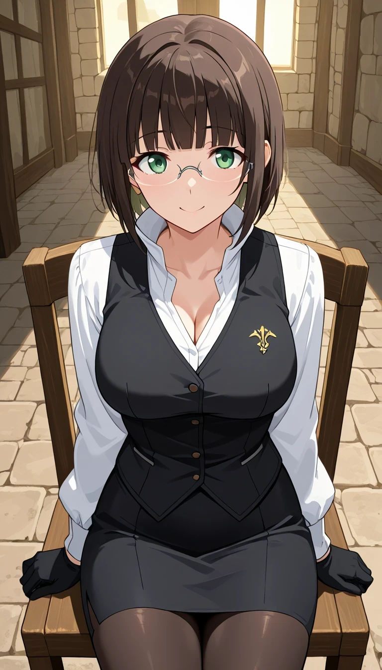 score_9, score_8_up, score_7_up, source_Anime Top Quality、8k、masterpiece、natural light、high accuracy、Perfect Anatomy、One woman、medium breasts、saggy breasts:1.5、 short hair, dark brown hair, blunt bangs, green eyes, rimless eyewear,( Happy Expression 、fun expression、The highlight in my eyes、upward gaze)、EinaUniform, white shirt, high collar, (Cleavage), black vest, long sleeves, black gloves, tight pencil skirt、pantyhose、(medieval European landscape)、sit on a chair、Highlight your chest、Photographing the upper body
