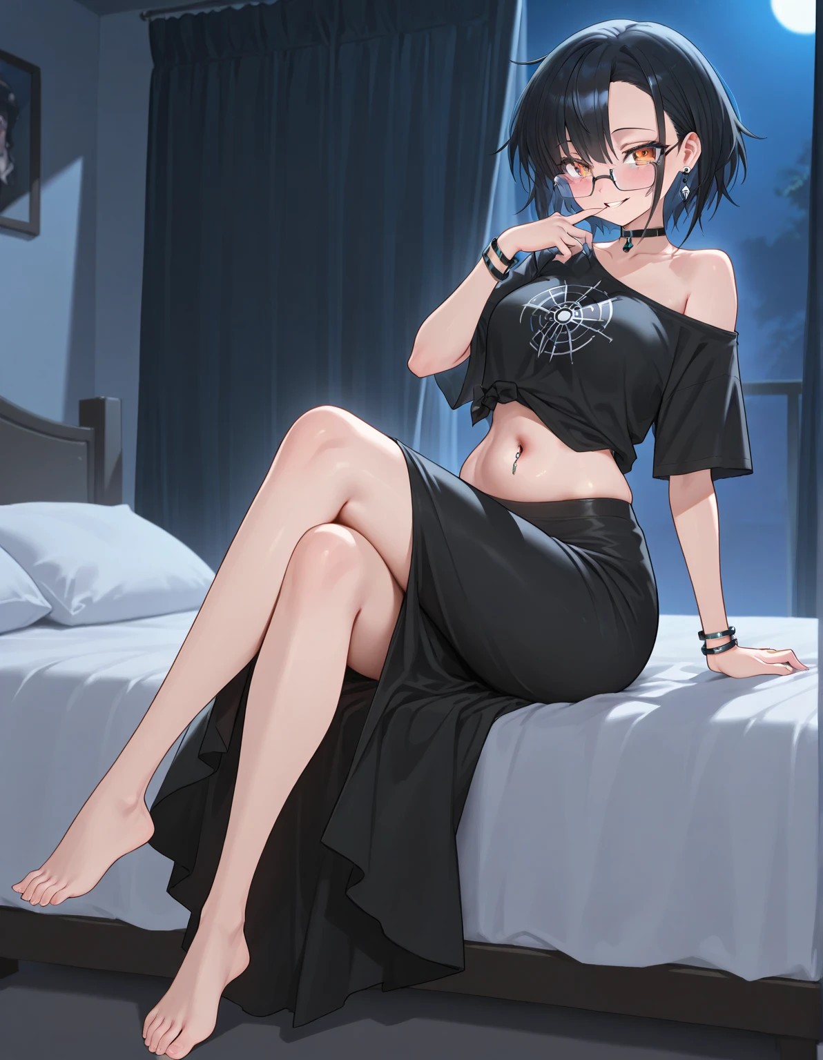  Chica con cuerpo , short brown hair, ojos color morado oscuro, viste un vestido de una pieza color negro, tacones de color igualmente negro y usa lentes, llorando de rodillas, el fondo es de noche.