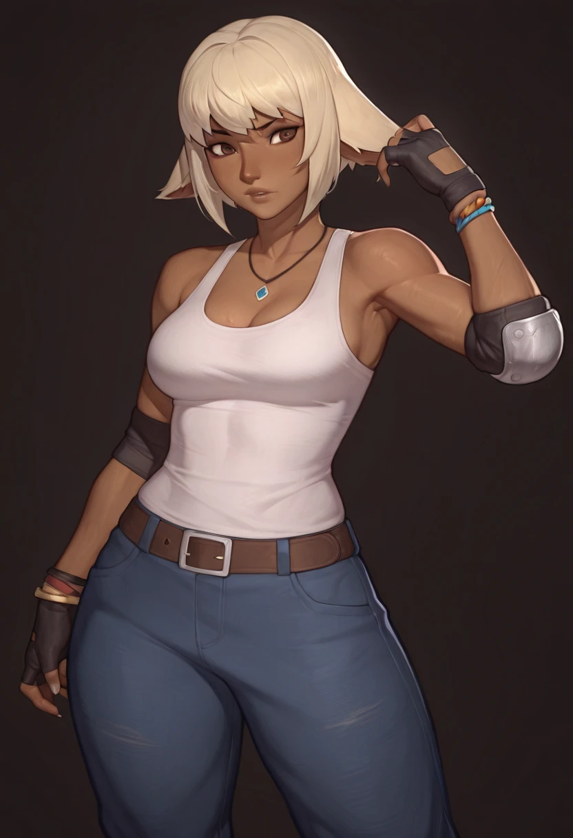(masterpiece, best quality:1.2), solo, 1girl, sgmsfortune, dark skin, dark-skinned female, smile, looking at viewer, paw pose, bob cut, crop top, fingerless gloves, collar, bell, belt, pouch, cat tail <lora:skullgirls_msfortune:1.0>