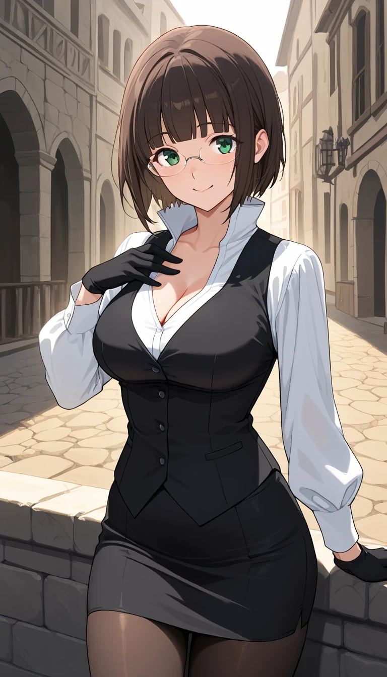 score_9, score_8_up, score_7_up, source_Anime Top Quality、8k、masterpiece、natural light、high accuracy、Perfect Anatomy、One woman、medium breasts、saggy breasts:1.5、 short hair, dark brown hair, blunt bangs, green eyes, rimless eyewear,( Happy Expression 、fun expression、The highlight in my eyes、upward gaze)、EinaUniform, white shirt, high collar, (Cleavage), black vest, long sleeves, black gloves, tight pencil skirt、pantyhose、(medieval European landscape)、Highlight your chest
