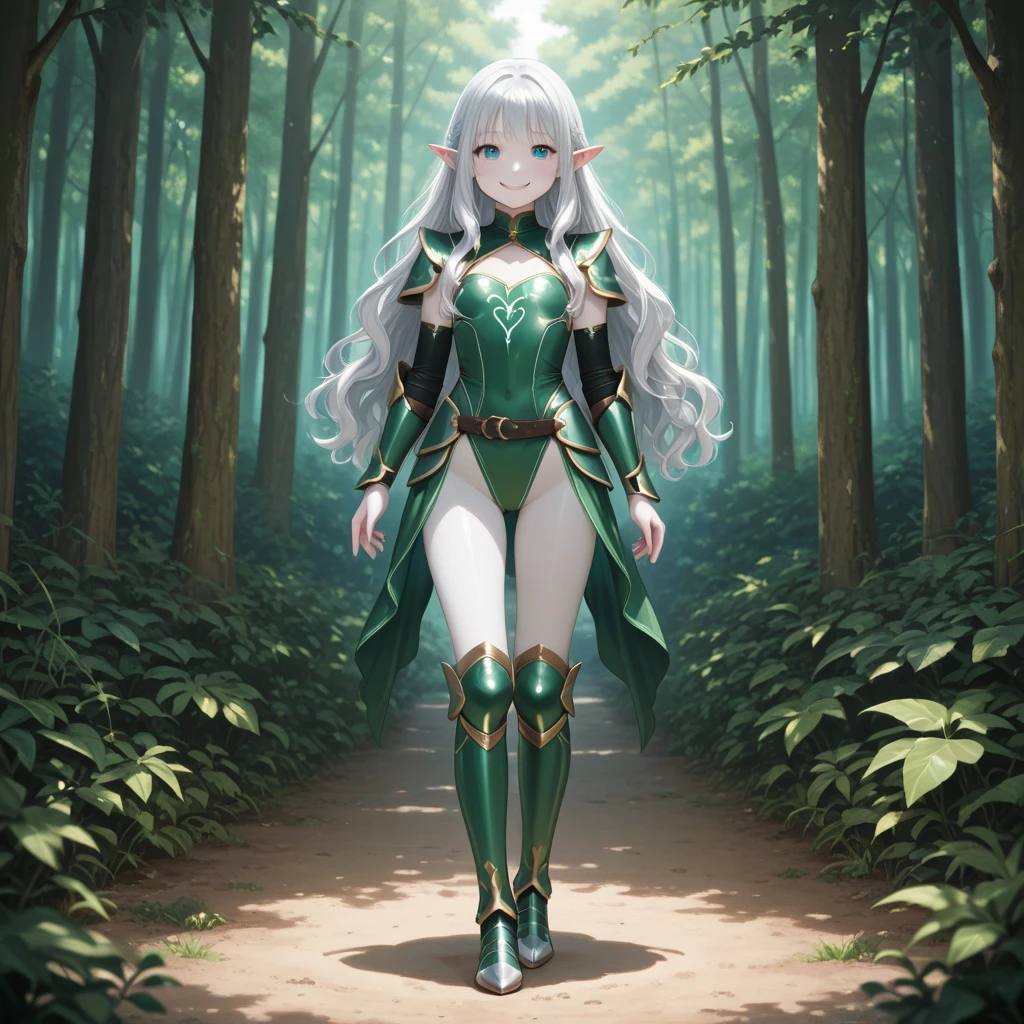 (masterpiece, best quality), (full body:1.6), standing (small fighting elven 1girl:1.6),(magical),(cute,adorable:1.3),blonde hair, green eyes, medium breast, beautiful, detailed, enchanted breastplate with precious gemstones, white thigh-high greaves, seductive pose, in a forest, magic flora, detailed face and eyes, volumetric light,(ultra quality skin:1.7),