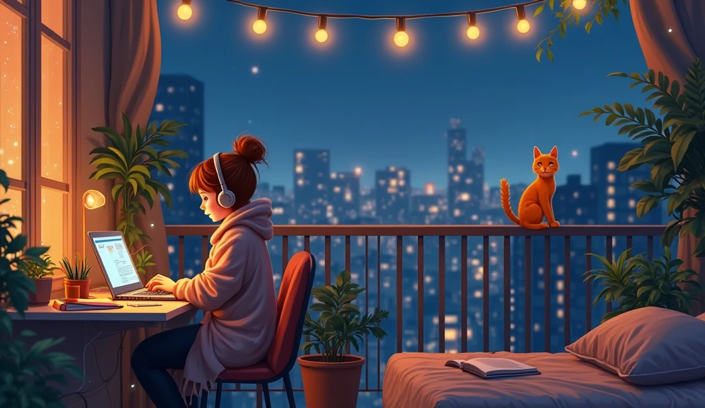 chica lofi, sentada en un escritorio, una mascota gato, al costado de ella una ventana abierta mirando la ciudad de noche, una luz encendida apuntando una cuaderno,