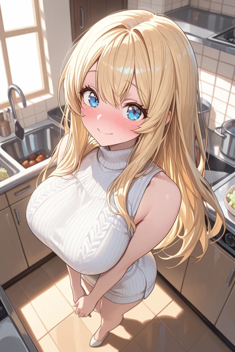 (dynamic angle:1.3, front view:1.1, breast focus:1.3, from below:1.2), (dynamic posing:1.5, sexy posing:1.3, leaning forward), (seductive smiling:1.3),masterpiece, 1girl, (pointed chest:1.3), cleavage:1.1,(double breasted:1.2,under bust:1.2), Amazing Cleavage:1.3, thin waist, big ass, Raised sexy, big breast: 1.2 posed cleavage:1.2、solo, looking at viewer, open mouth, have a grass of beergrass,black hair, blue eyes, bare shoulders, jewelry, collarbone, sidelocks, hairband, earrings, indoors, red off shoulder sweater dress, arms behind back, short hair with long locks, blue white hairband, big side hair, very long side hair is rendered in (masterpiece: 1.2, best quality), with (ultra high resolution) and an exquisite (depth of field). This masterpiece is not only visually stunning but also tells,A scene of cooking in the kitchen
