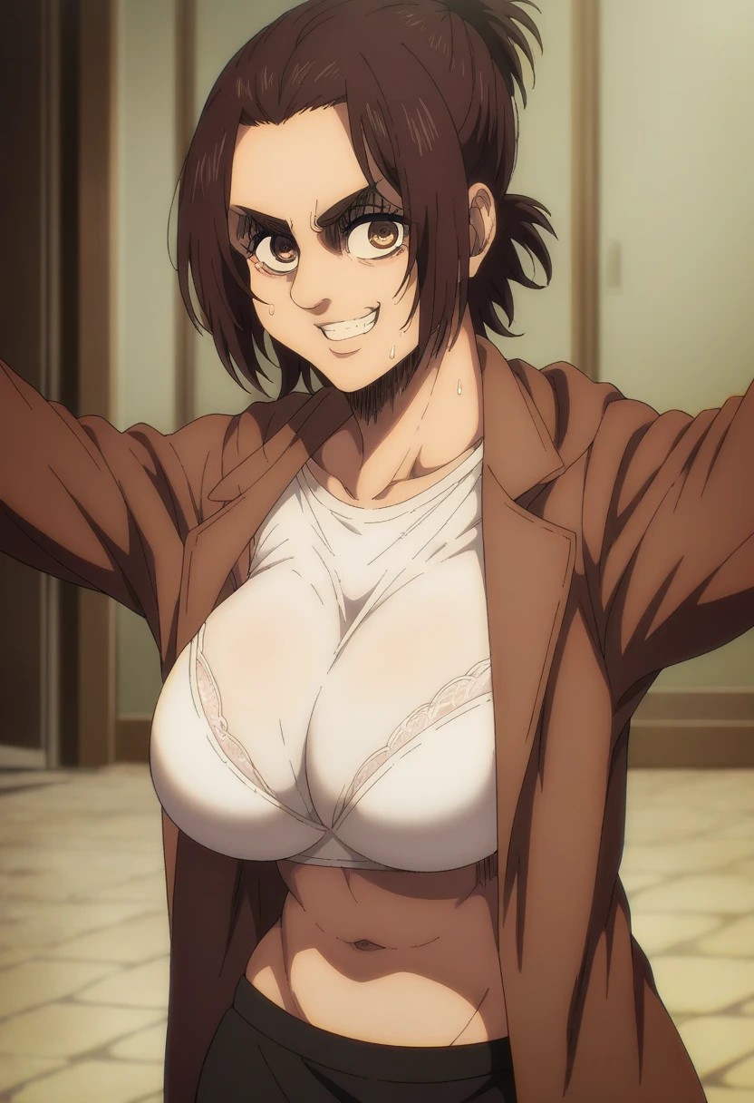 score_9, score_8_up, score_8, source_anime, shingeki_no_kyojin_s4_style, gabi braun, brown eyes, brown hair, single hair bun, , jacket, loafers,upper body, looking at viewer, smile, blush, seductive smile, navel, small breasts, legs, sitting, bed, nipples, armpits, undressing, looking at viewer, half eyes closed