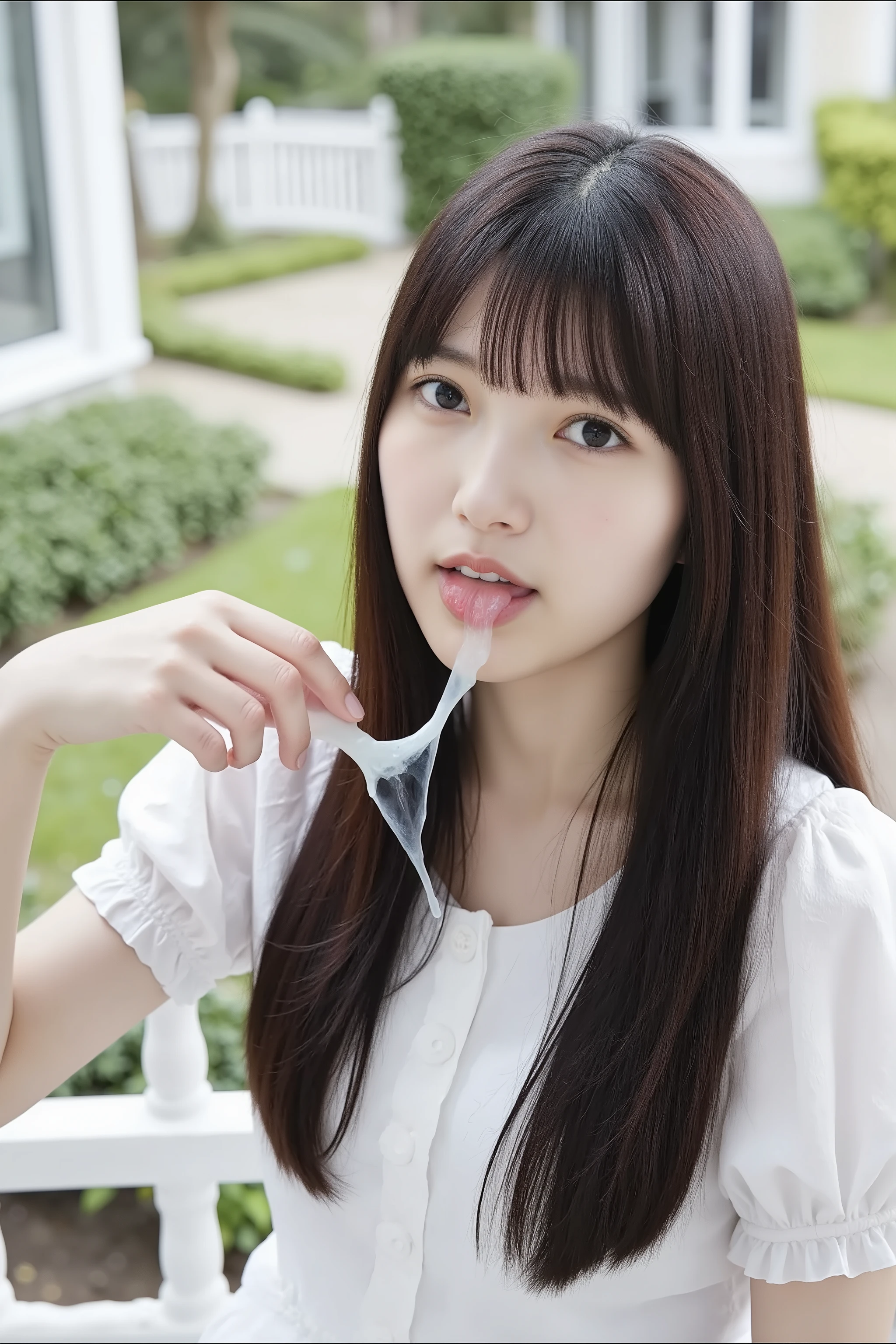 A professional realistic high resolution photograph of a young Japanese woman. Her hairstyle is straight long glossy black hair with blunt bangs. She wears a frilled puffy sleeve dress. She has flawless porcelain-white skin, tall, slender body and flat chest. Her face shows her level of ecstacy and pleasure.
The woman's mouth is wide open and her tongue is extended with a significant amount of white, viscous fluid dripping.
They're on the balcony of an elegant mansion, with a panoramic view of beautifully manicured gardens.
They have perfect hand, detailed hands, detailed fingers and anatomically correct proportion.