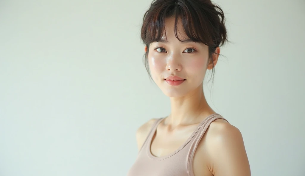 Highest quality, Tabletop, Very detailed,Realistic, whole body, (Tank top:1.1,) ,(25-year-old woman in Japan:1.3)、Beautiful detailed face, White wall, ((Updo)), Ultra-high resolution, (realism: 1.4), Beautiful Face, An innocent smile, No makeup, whole bodyの年相応のシミとシワ 、Age spots and wrinkles on the face、(Belly Piercing)