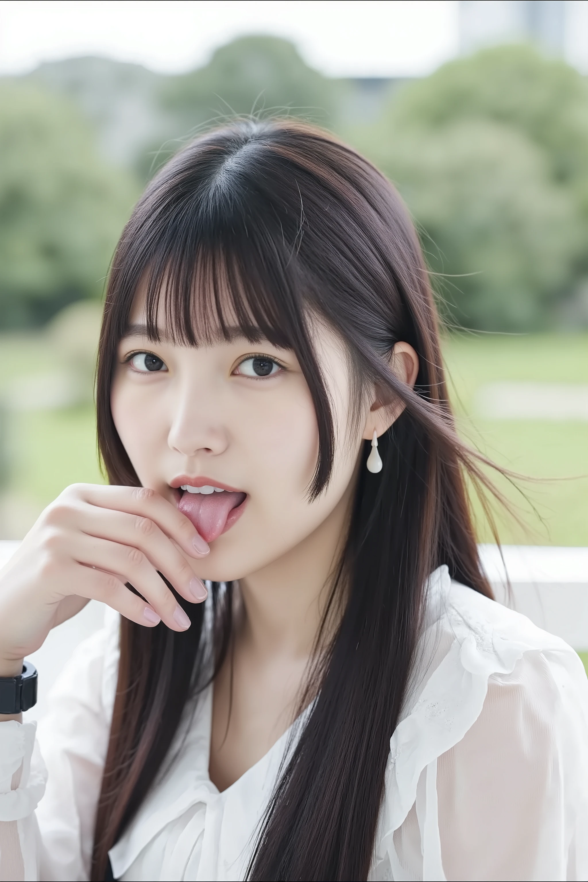 A professional realistic high resolution photograph of a young Japanese woman. Her hairstyle is straight long glossy black hair with blunt bangs. She wears a frilled puffy sleeve dress. She has flawless porcelain-white skin, tall, slender body and flat chest. Her face shows her level of ecstacy and pleasure.
The woman's mouth is wide open and her tongue is extended with a significant amount of white, viscous fluid dripping.
They're on the balcony of an elegant mansion, with a panoramic view of beautifully manicured gardens.
They have perfect hand, detailed hands, detailed fingers and anatomically correct proportion.