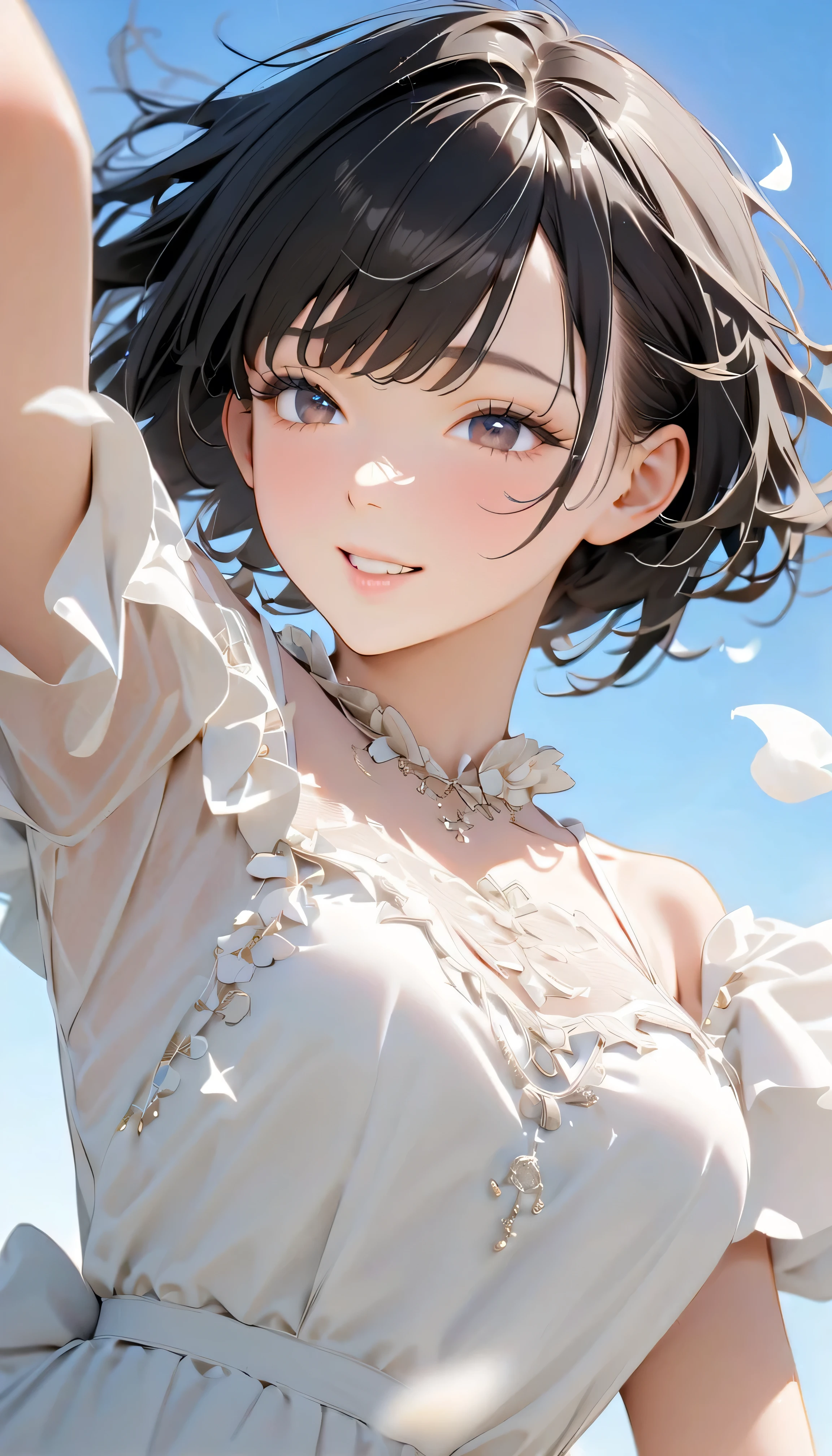 (Highest Quality:1.2, 非常にdetailsな, newest, Highest Quality, Best Aesthetics), 8K Ultra HD, 非常にdetailsな, details, bold configuration, (perfect human structure), beautiful and very delicate texture, (masterpiece:1.2, Highest Quality, Best Aesthetics, wind), (white petals dance:1.2, fantastic blue sky background:1.4), (shallow depth of field:2), windでwhite petals dance, delicate and dynamic, (Light reflection:1.2), (Halation of light:1.2), Romantic and sweet style, コンセプトアートwind, Blessed Virgin Mary white dress, bright light, Beautiful World, New World, accurate, dynamic angle, angel, 1 woman, upper body shot, black hair, dark eyes, young, textured skin, shiny skin, charming smile, Girl Beauty , Miraculous Beauty Symbol, ((( white dress with lavish embellishments:1.2))), 2.5d, realistic