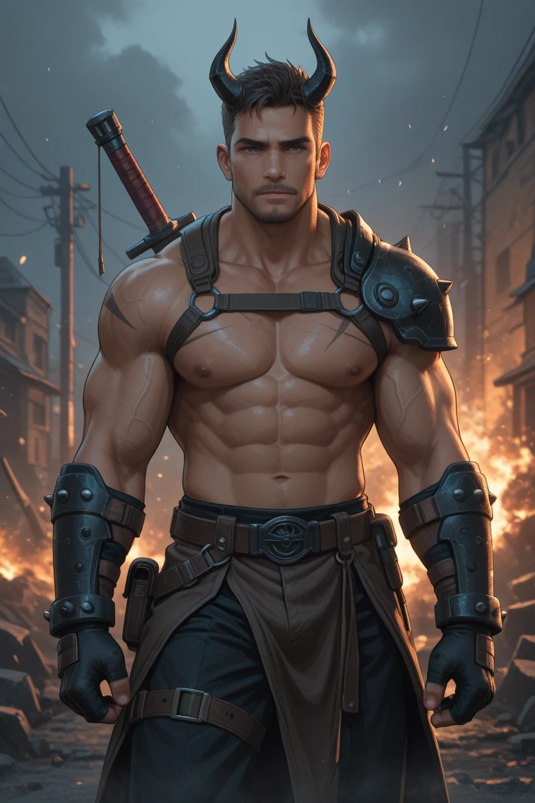 Warrior with a sword in his left hand,e escopeta nas costa,pistol in right hand,post apocalyptic clothing.