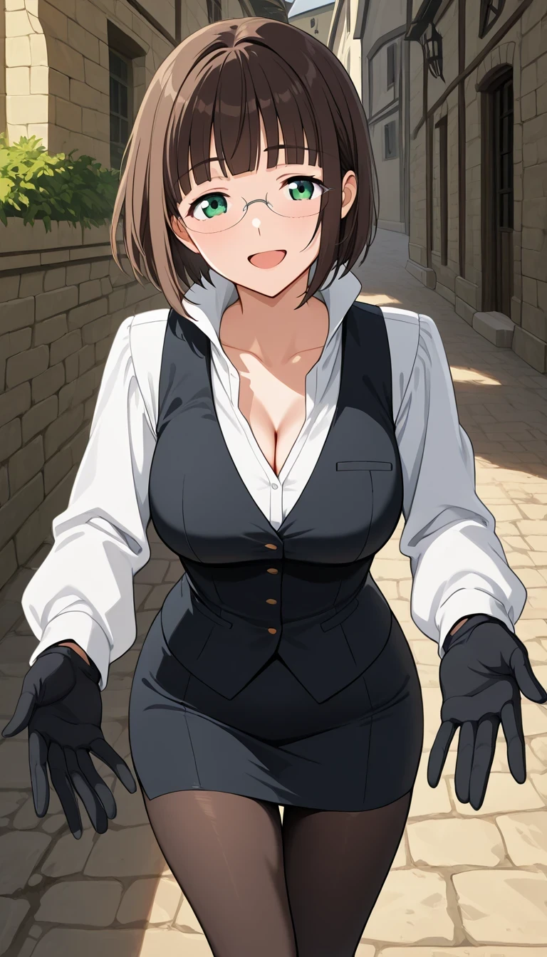 score_9, score_8_up, score_7_up, source_Anime Top Quality、8k、masterpiece、natural light、high accuracy、Perfect Anatomy、One woman、medium breasts、saggy breasts:1.5、 short hair, dark brown hair, blunt bangs, green eyes, rimless eyewear,( Happy Expression 、The highlight in my eyes、closes his eyes)、EinaUniform, white shirt, high collar, (Cleavage), black vest, long sleeves, black gloves, tight pencil skirt、pantyhose、(medieval European landscape、A bustling bazaar)、holding out hands