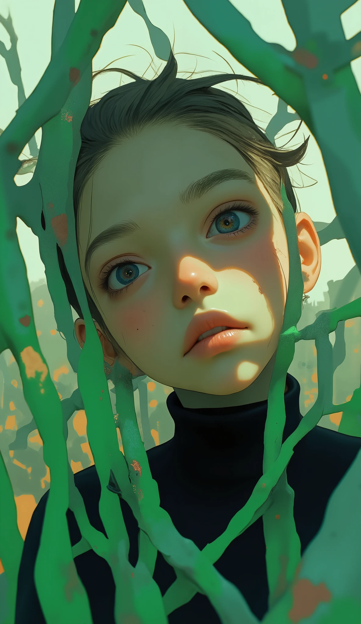 21 years old young woman sitting in a field of bioluminescent flowers, semirealistic, colorful, vivid, sparkling eyes, sadness, 
 realistic, detailed, soft lighting, painting