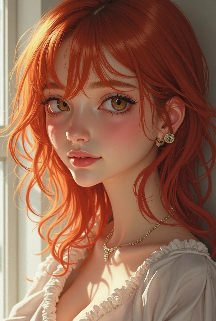 (((1 chica, cabello rojo rizado, ojos dorados, vestida de novia.)))