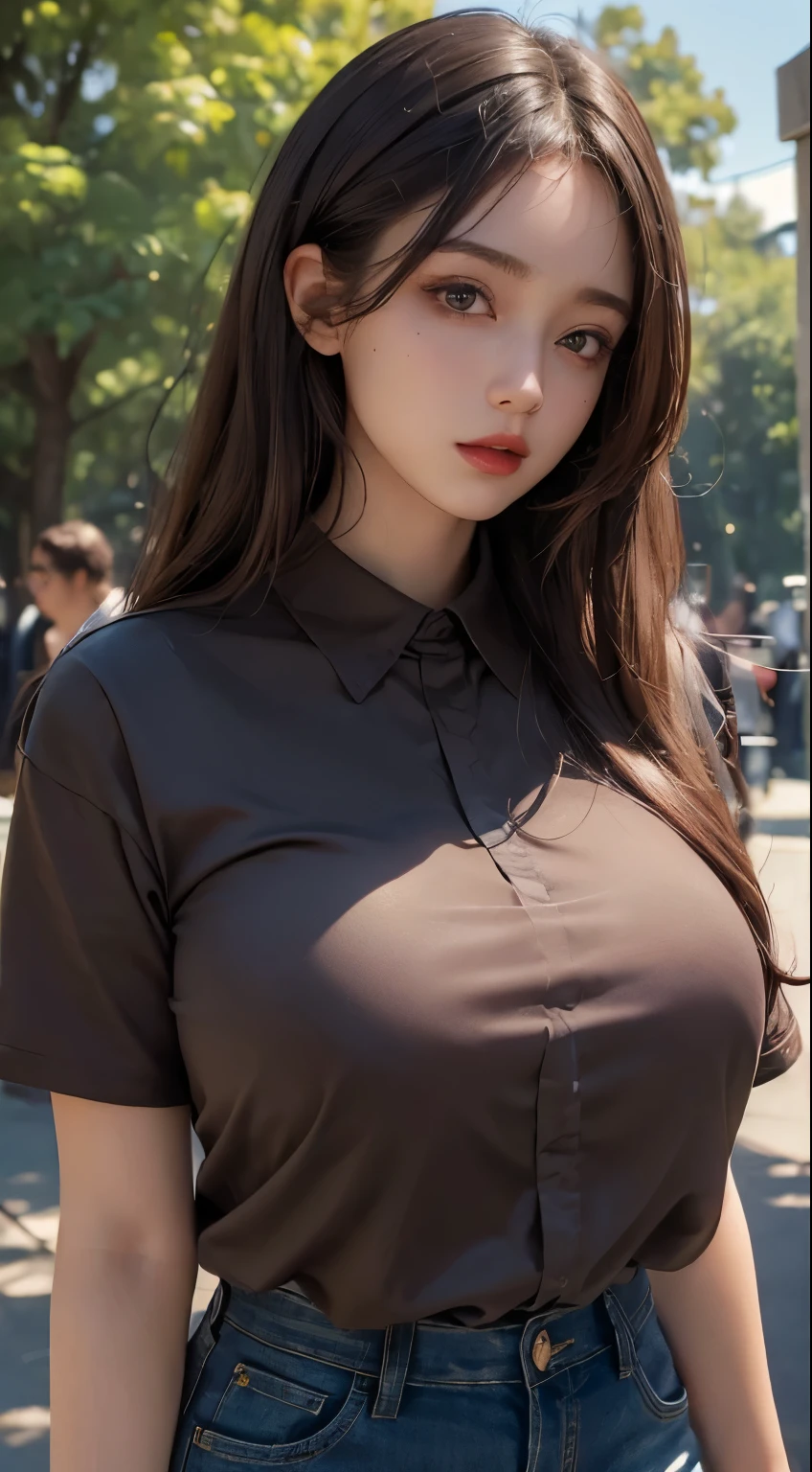 ((top quality, 8k, masterpiece: 1.3)), sensual woman, 1 girl, (slender figure: 1.2), dark brown hair, (outdoor, shirt, shorts: 1.1), ultra detailed face, detailed lips, detailed eyes, double eyelids, (huge breasts: 1.2)